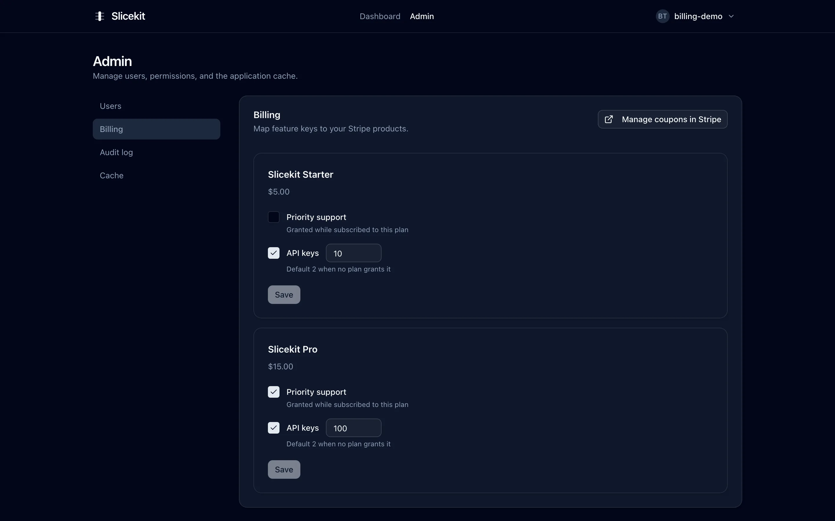 Admin screen mapping feature keys and numeric limits to Stripe products
