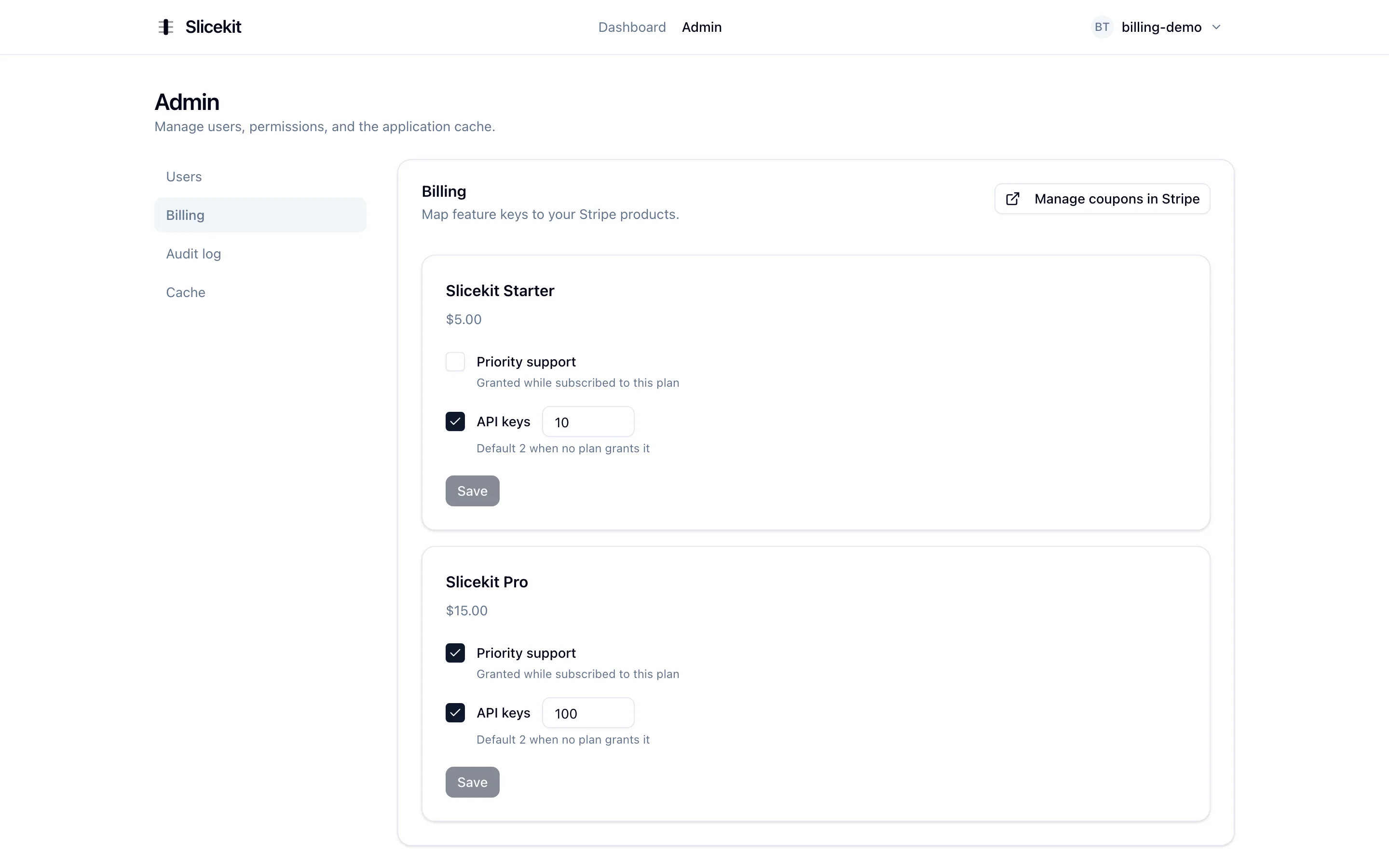 Admin screen mapping feature keys and numeric limits to Stripe products