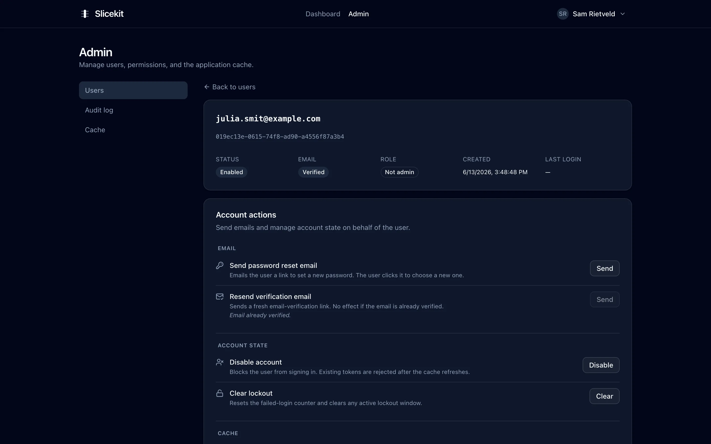 The Slicekit admin user detail page: profile, roles, sessions and audit history