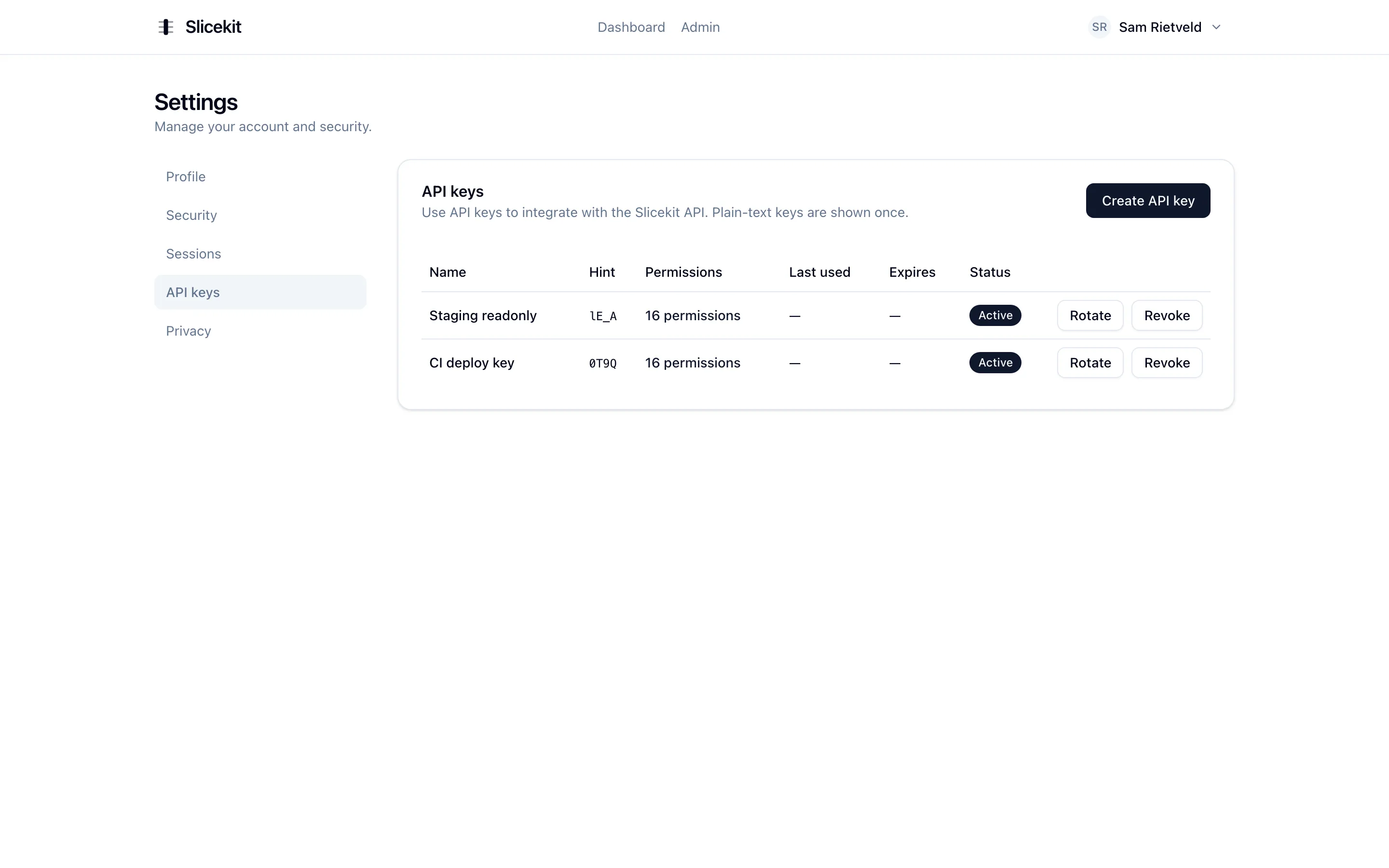 API key management with creation, scoped permissions and rotation