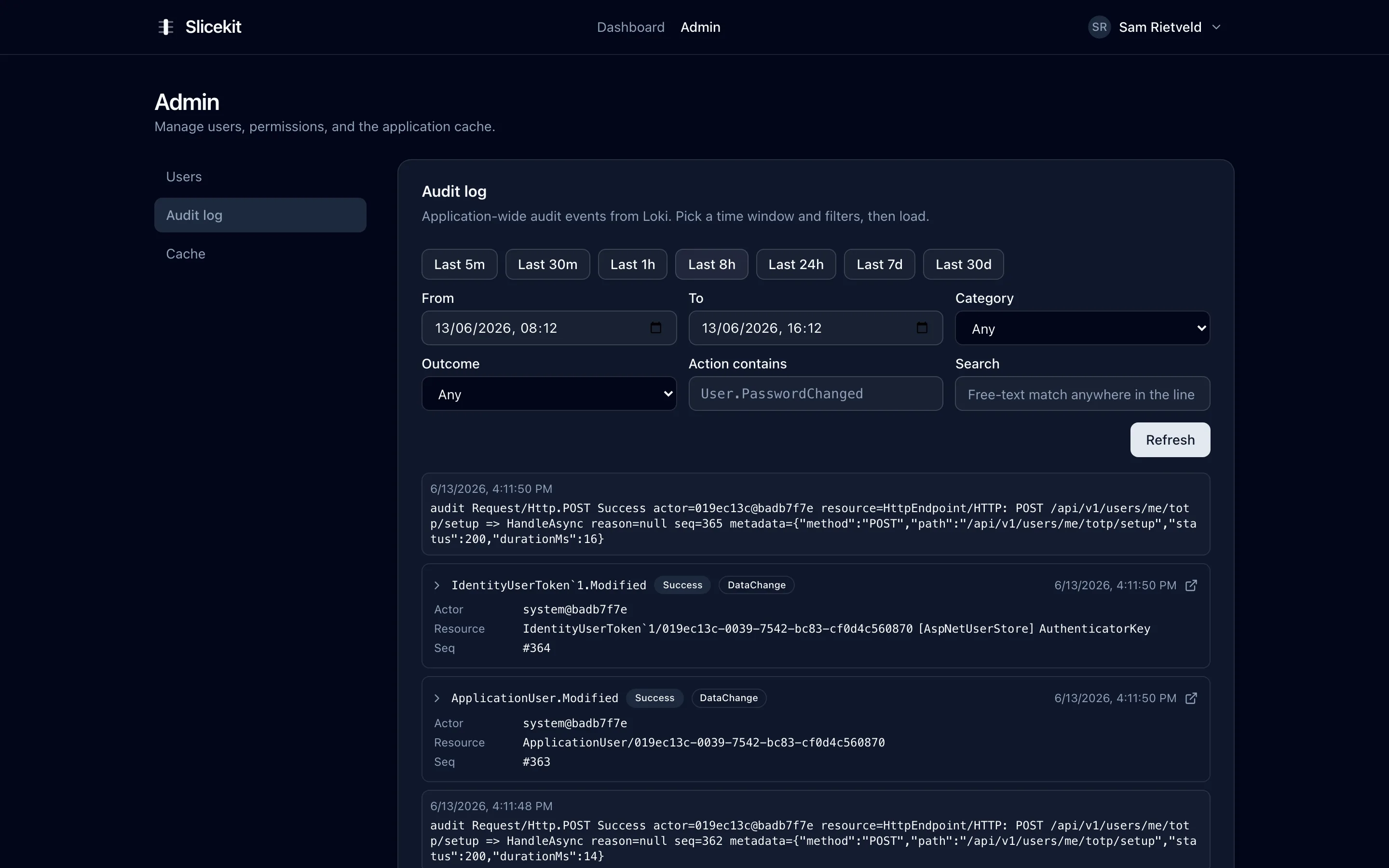 Audit log viewer with filters for category, action, outcome and date range
