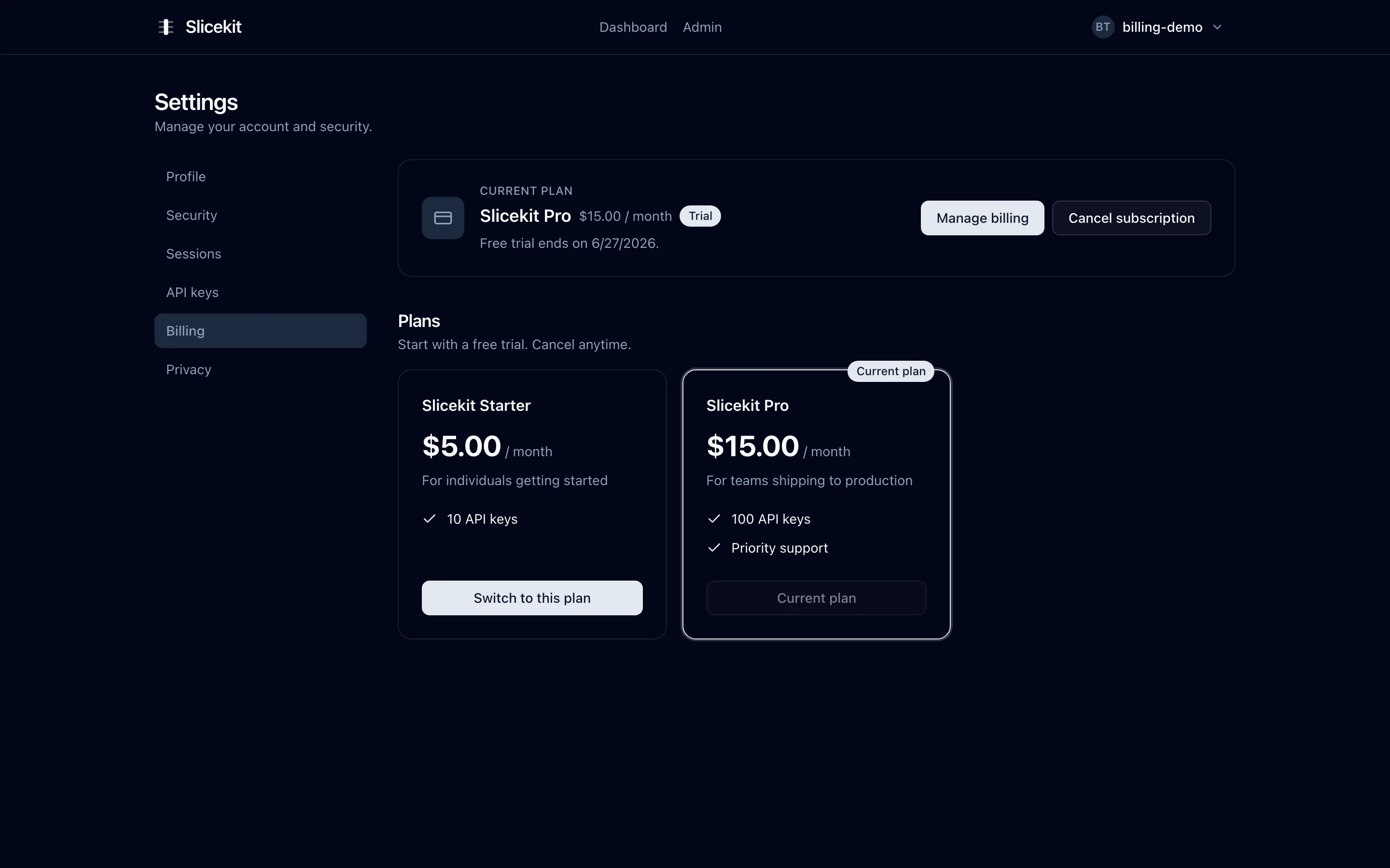 Subscription billing page with plan tiers and a free trial