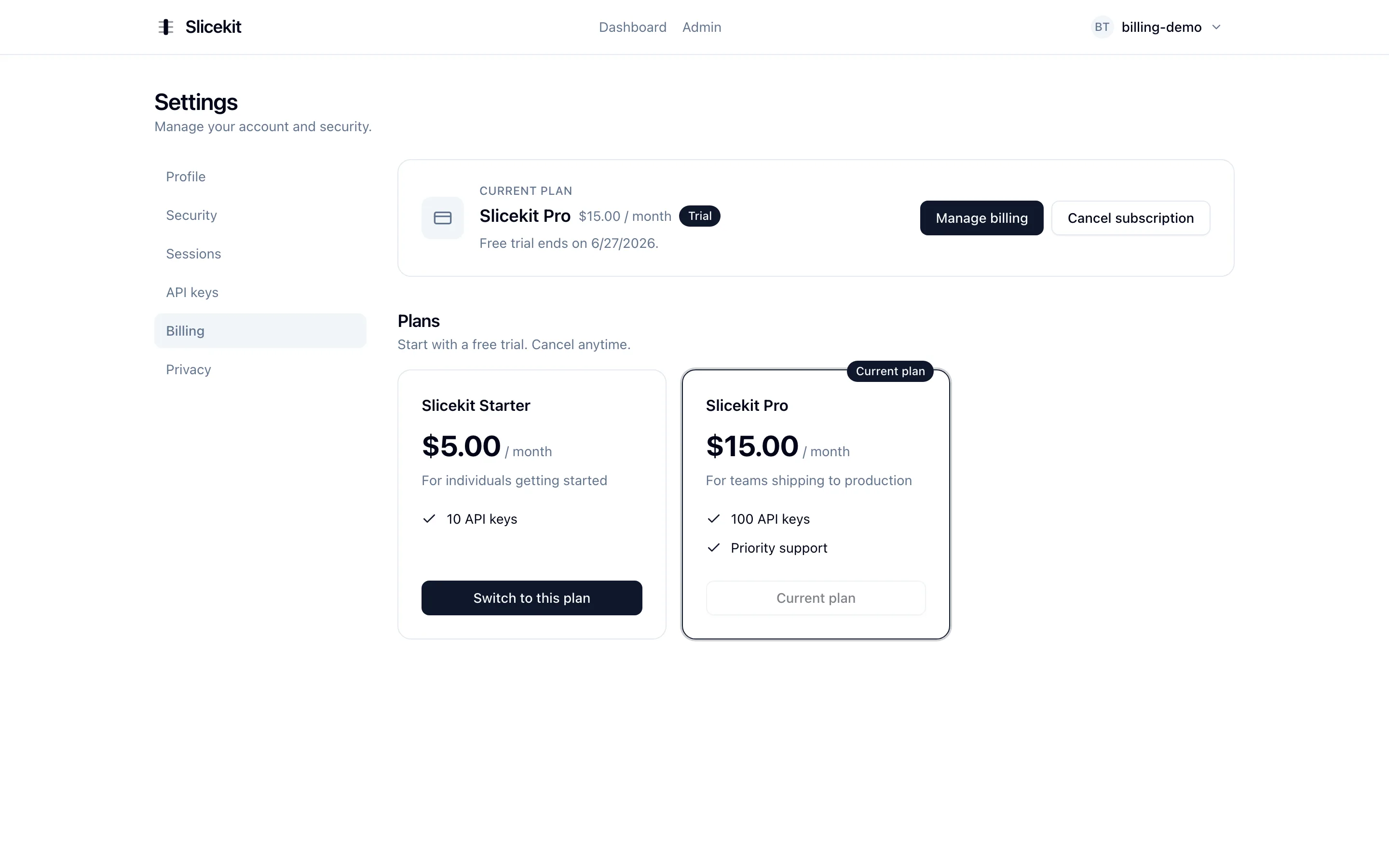 Subscription billing page with plan tiers and a free trial