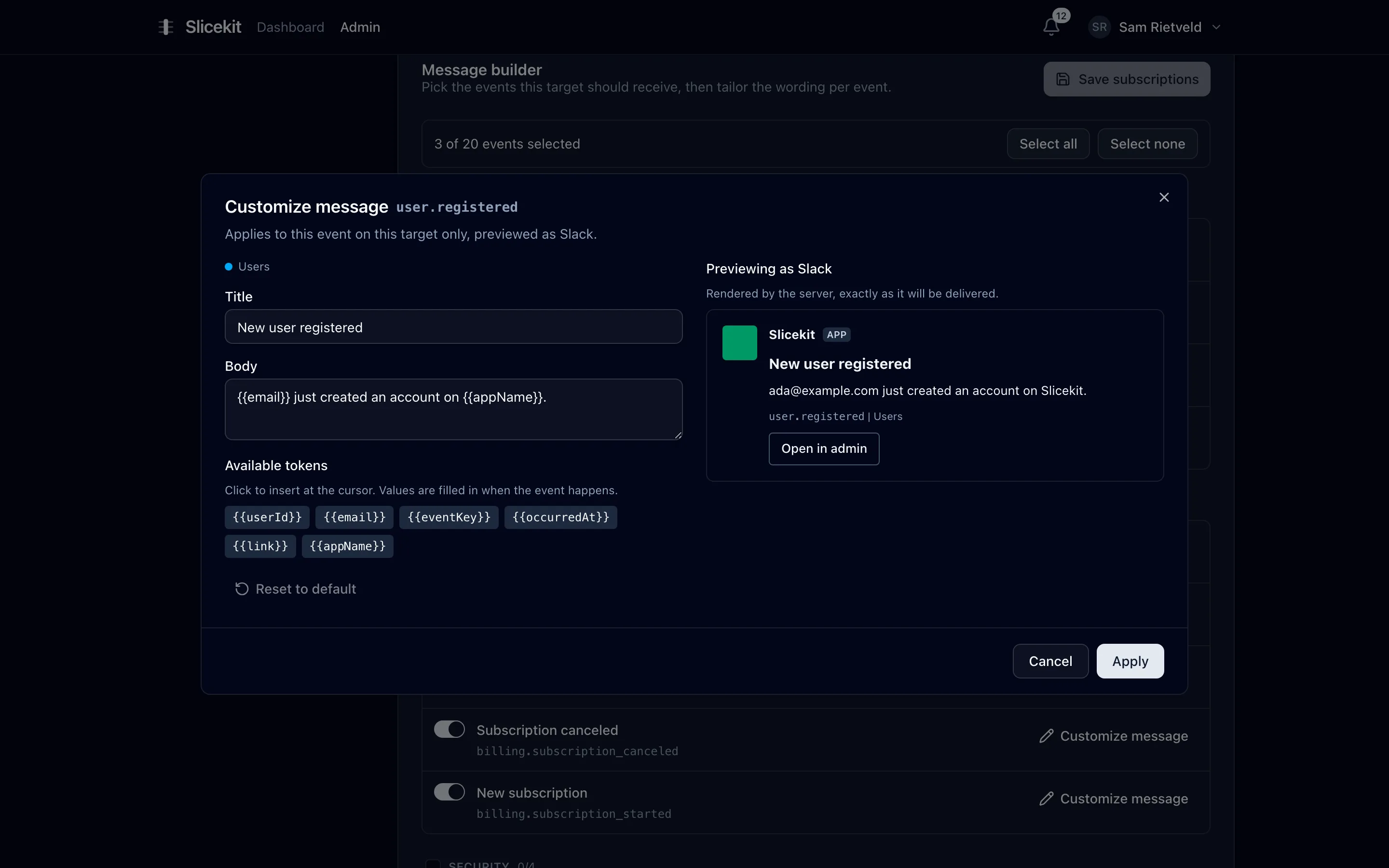 Message builder editing the new-user template, with a live Slack preview beside it