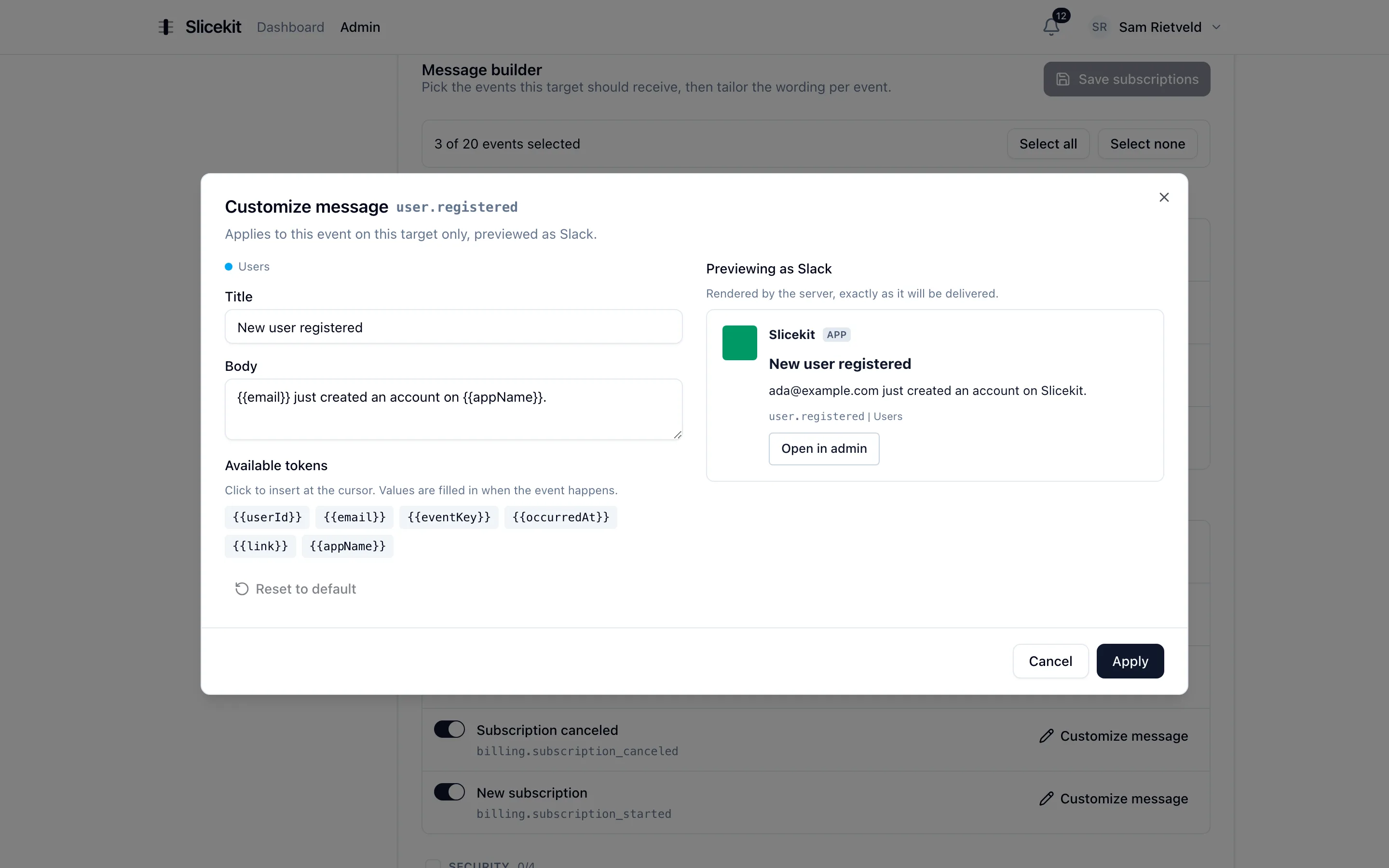 Message builder editing the new-user template, with a live Slack preview beside it