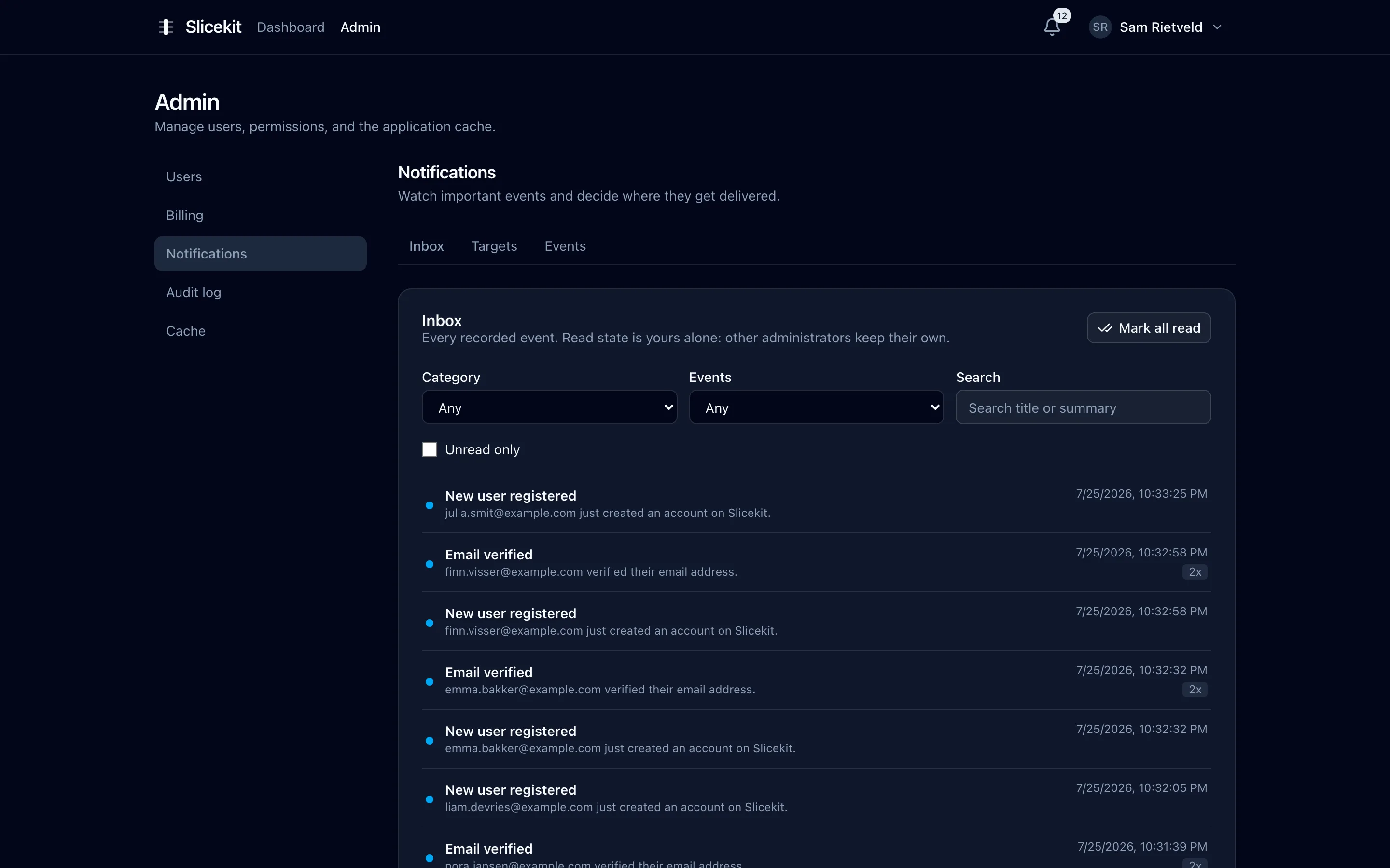 Admin notification inbox listing registrations and email verifications, with category and event filters