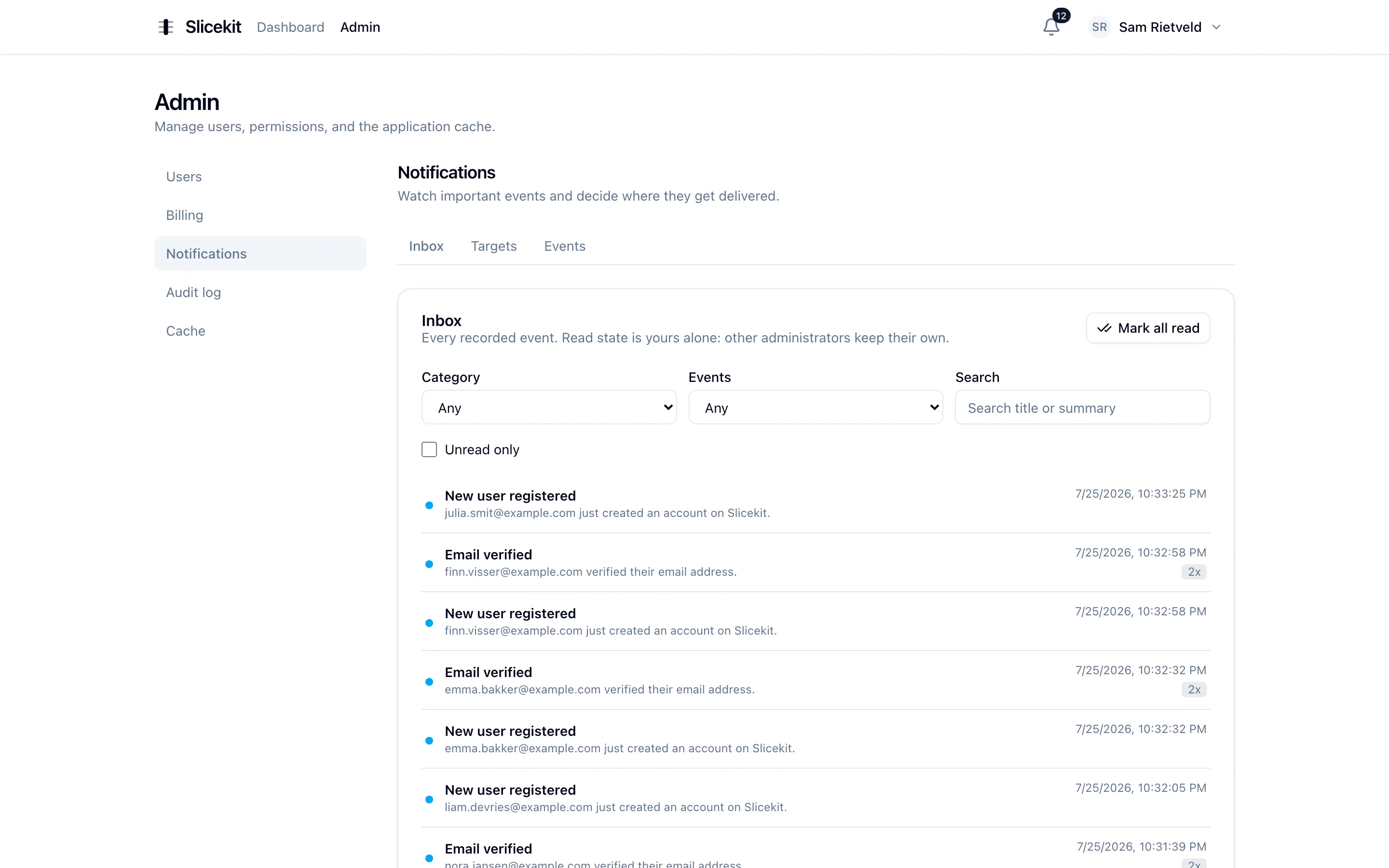 Admin notification inbox listing registrations and email verifications, with category and event filters