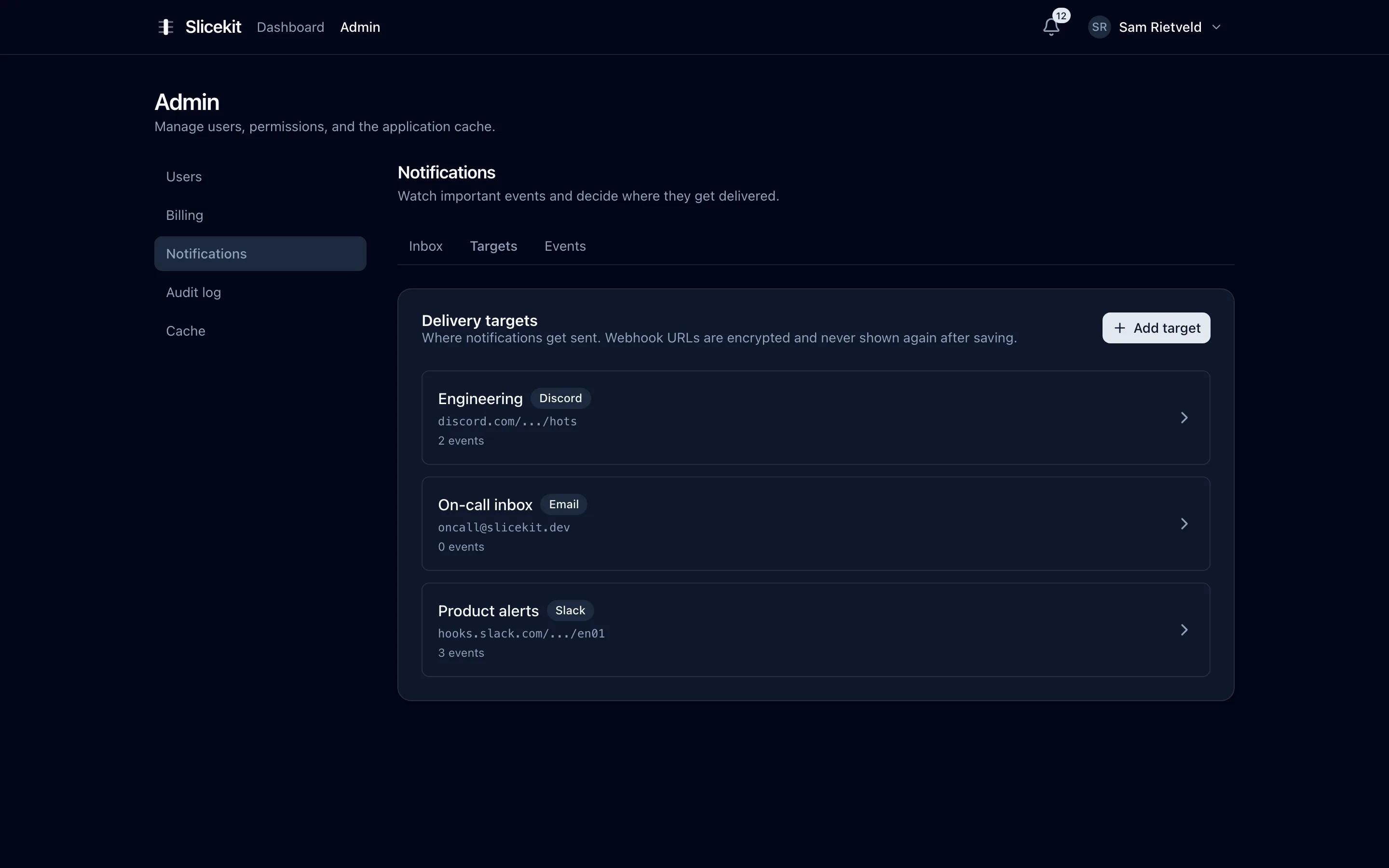 Delivery targets list with Slack, Discord and email destinations and their subscribed event counts