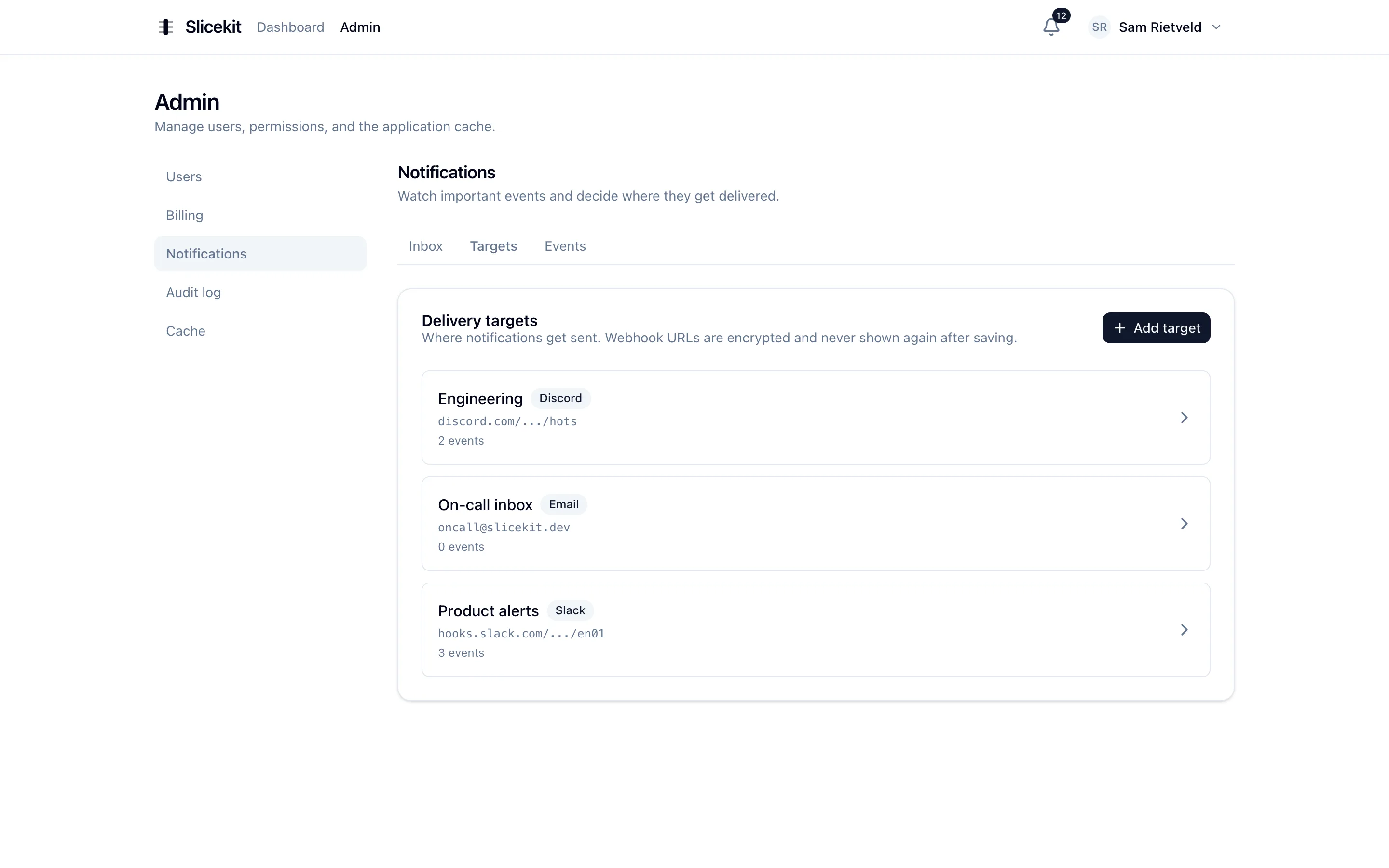 Delivery targets list with Slack, Discord and email destinations and their subscribed event counts