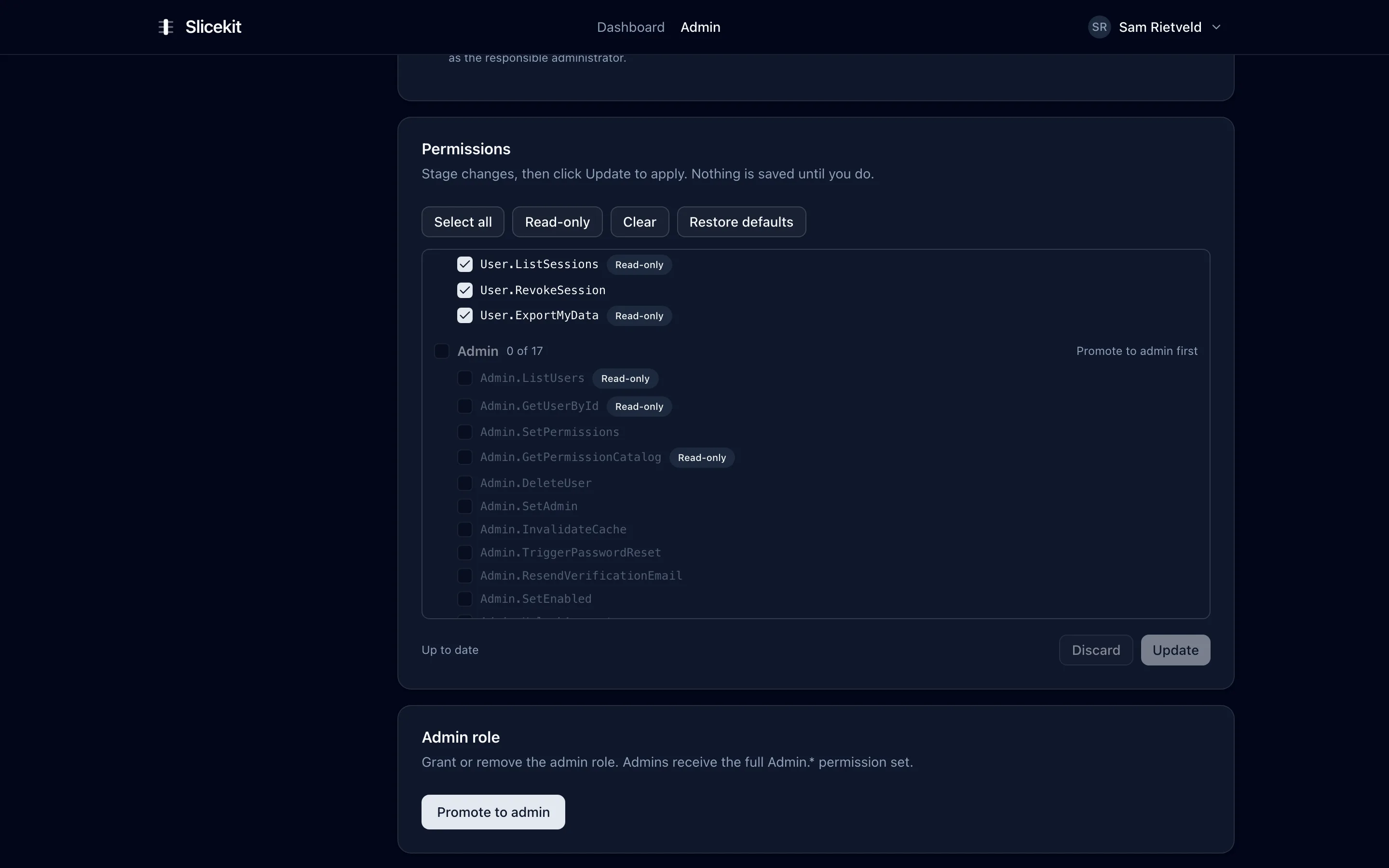 Granular permission catalog with per-permission grants, read-only flags and presets