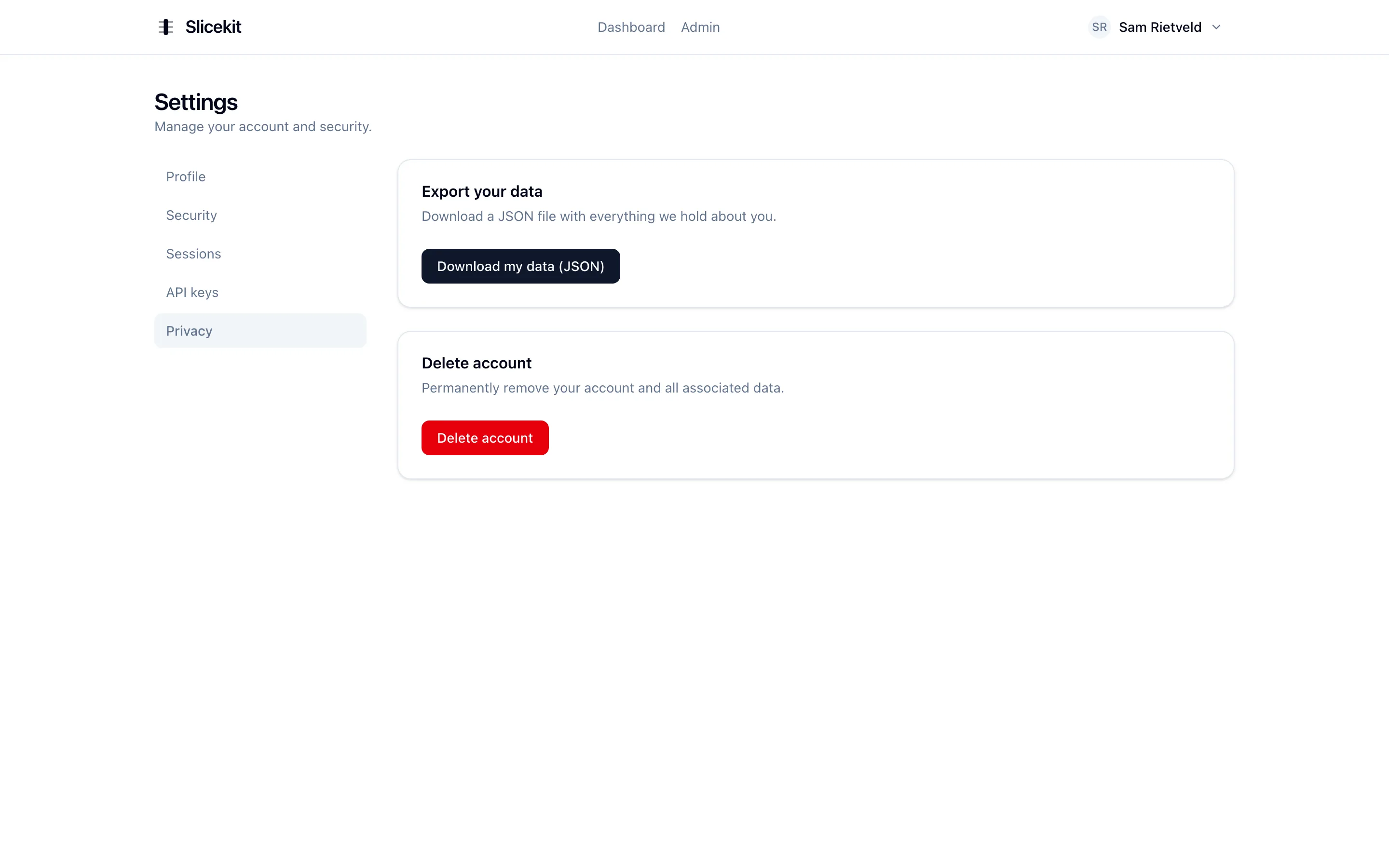 Privacy settings with data export and account deletion