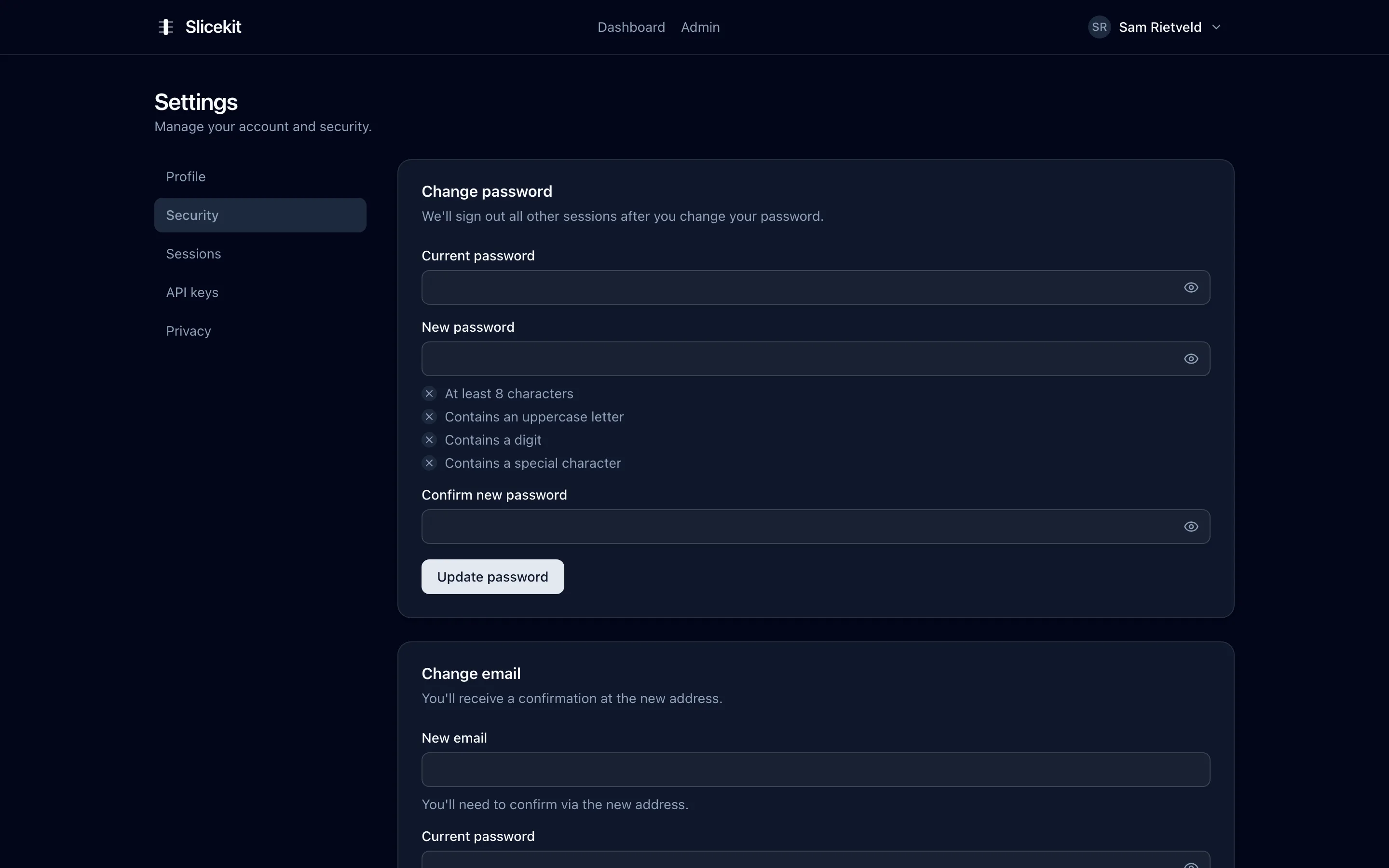Security settings with password, email, two-factor, passkeys and linked accounts