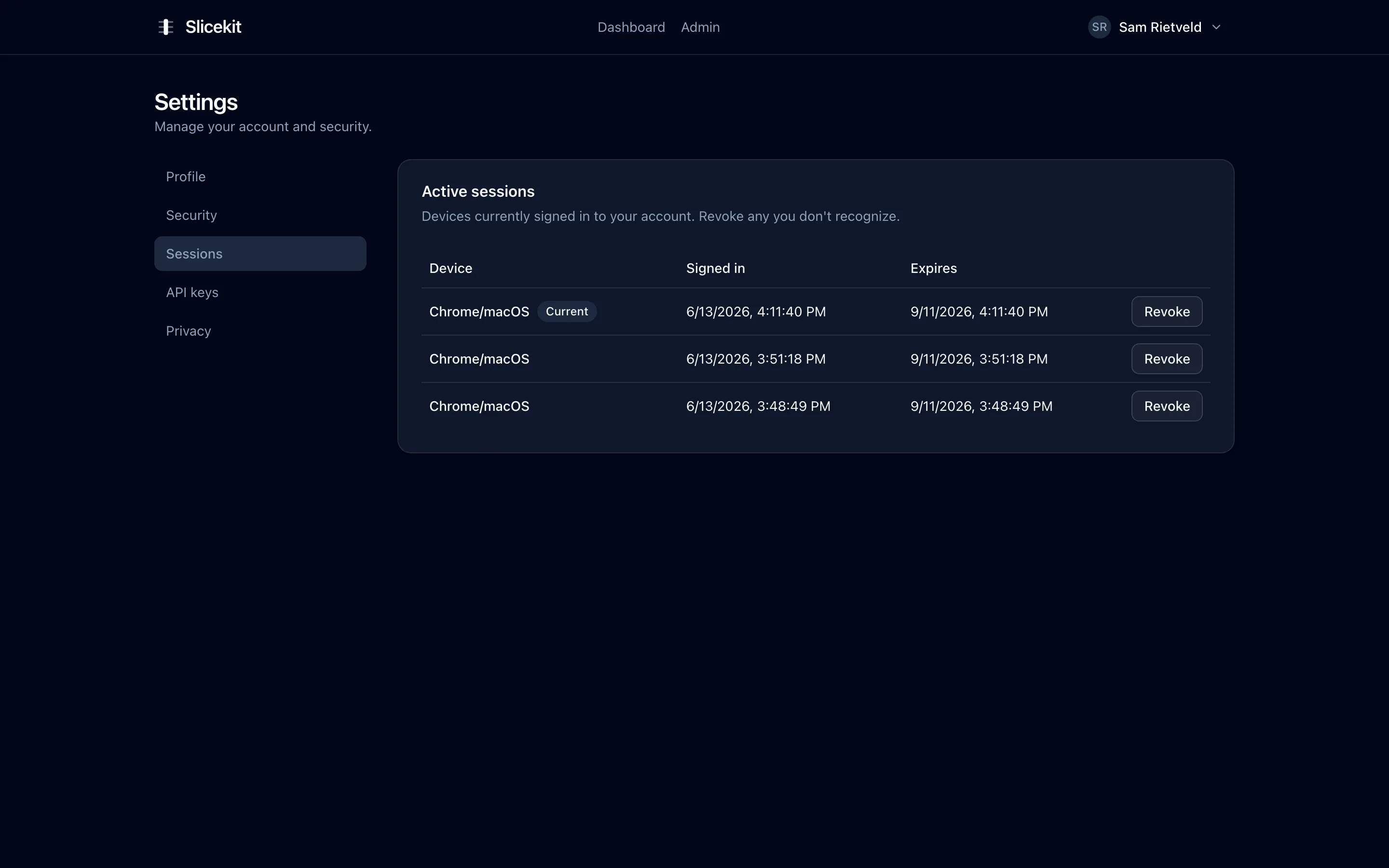 Active session list with device names and revocation