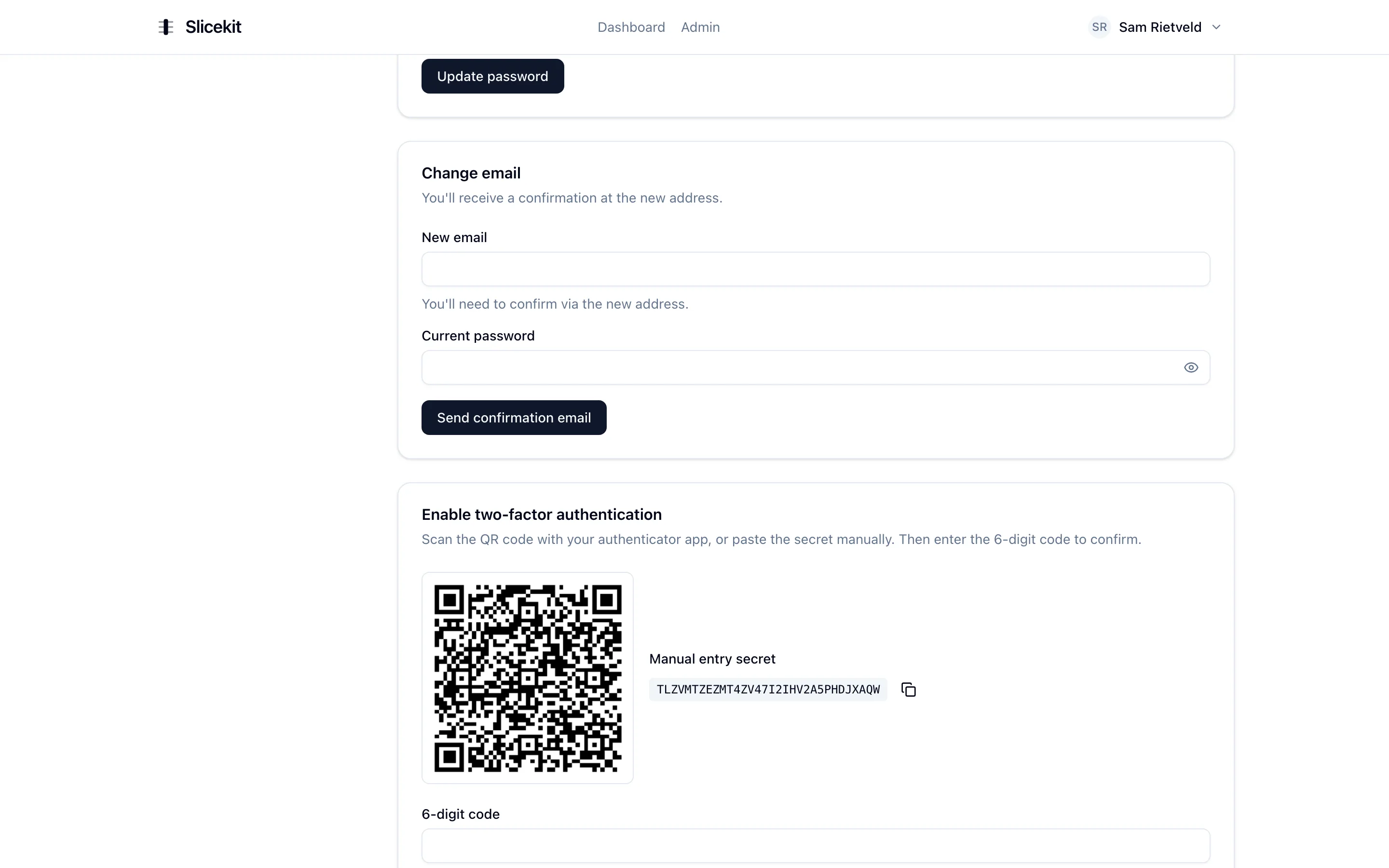 TOTP two-factor setup dialog with QR code and manual secret